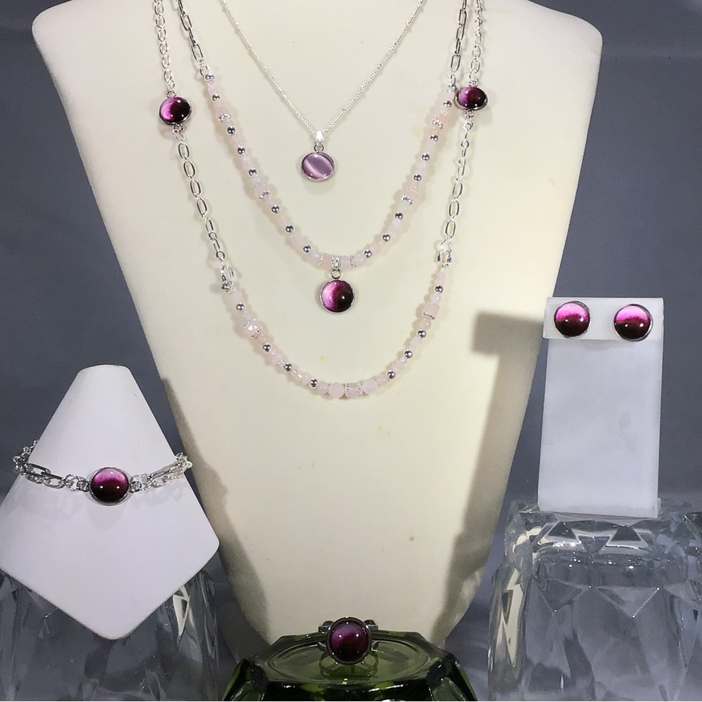 Handmade Pop of Color 3 Piece Necklace Set-Glass Cabochon-Gemstone Quartz